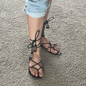 Women's LOEFFLER RANDALL Woven BLACK Leather WRAP-AROUND Tie TASSEL SAND…
